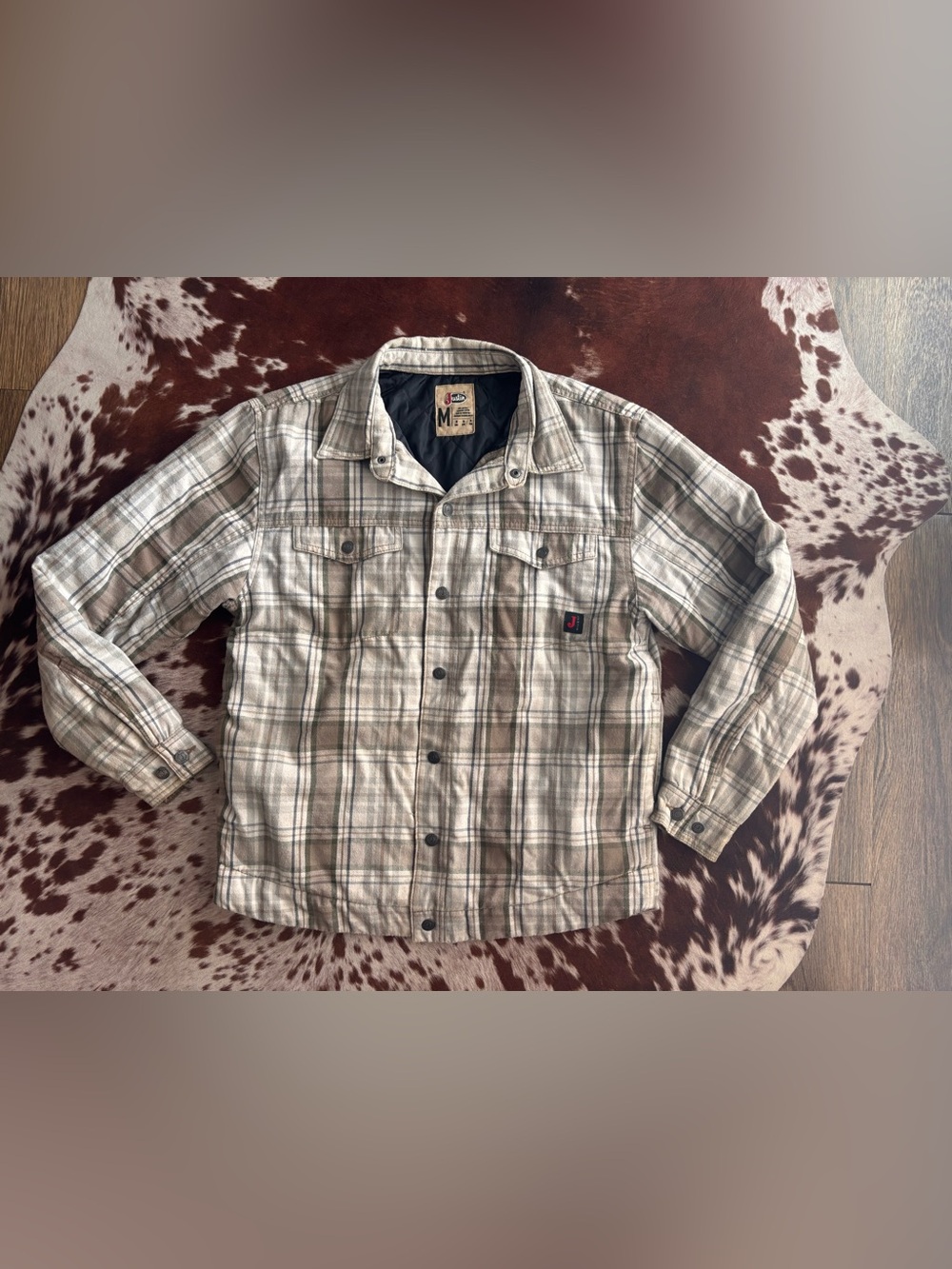 Justin Boots Plaid Lightweight Shirt Jacket in Beige & Green